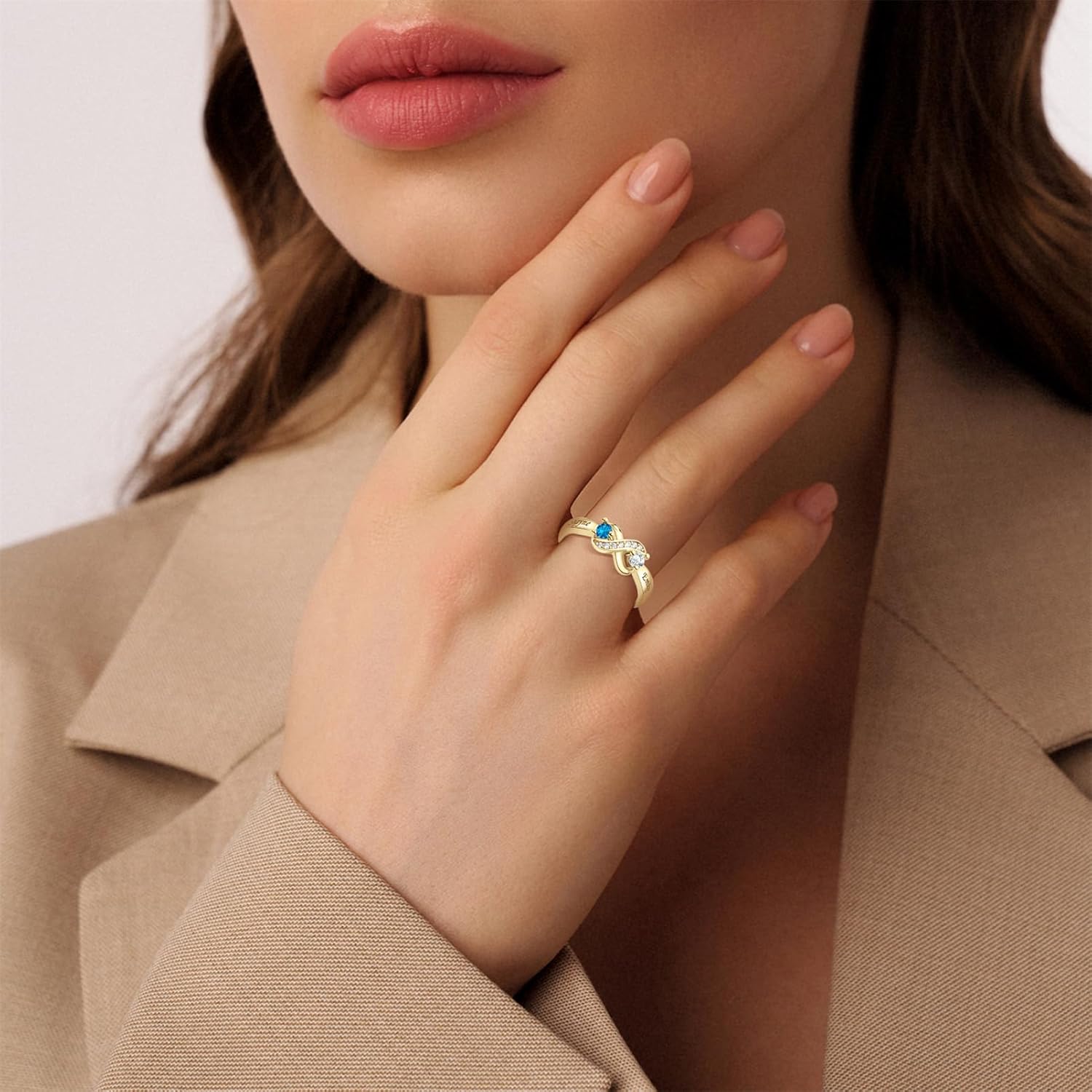 BAUMA AUTO 925 Sterling Silver Personalized Infinity Mothers Ring with 2 Round Birthstones Custom Name Engraved Rings for Wedding/Valentine's Day/Mother's Day Gifts