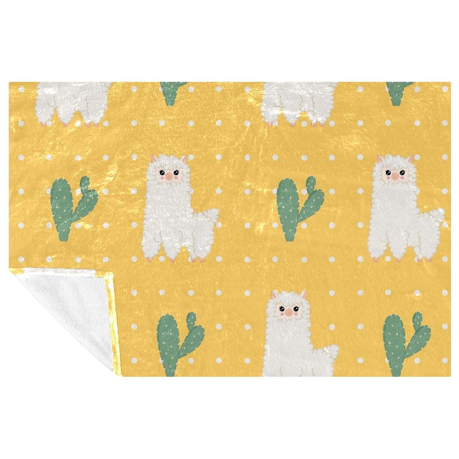Couverture lama et cactus 150x100 cm sur fond jaune pour lit et canapé