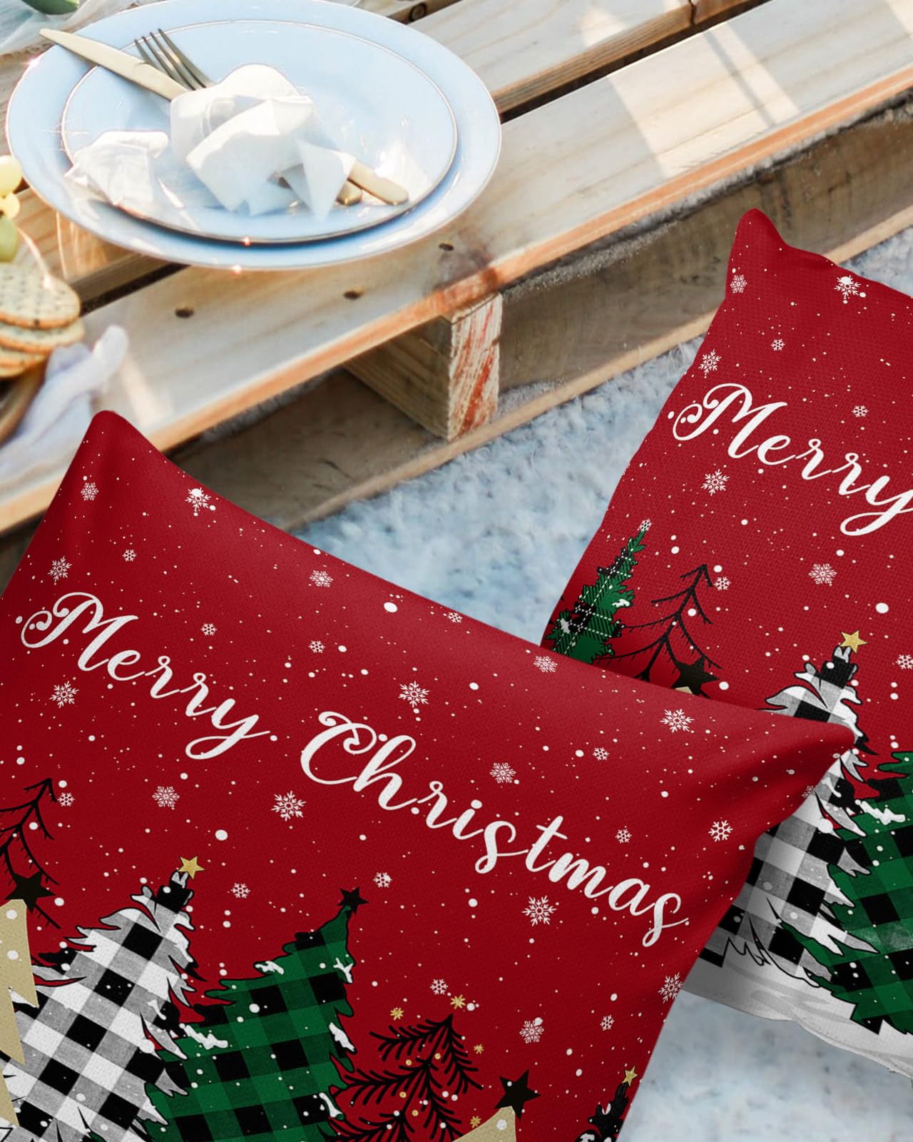 Outdoor Pillow Covers Waterproof, Christmas Tree All Weather Cushion Case Set of 2, Red Snowflake Buffalo Lattice Green Decorative Pillowcases for Sofa Couch Bed Decor Patio Furniture 18