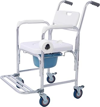 4-in-1 Shower Commode Wheelchair, 330lbs Capacity Bedside Commode Chair with Wheels & Tissue Holder, Portable Rolling Shower Chair with Arms for Elderly, Injured, Disabled