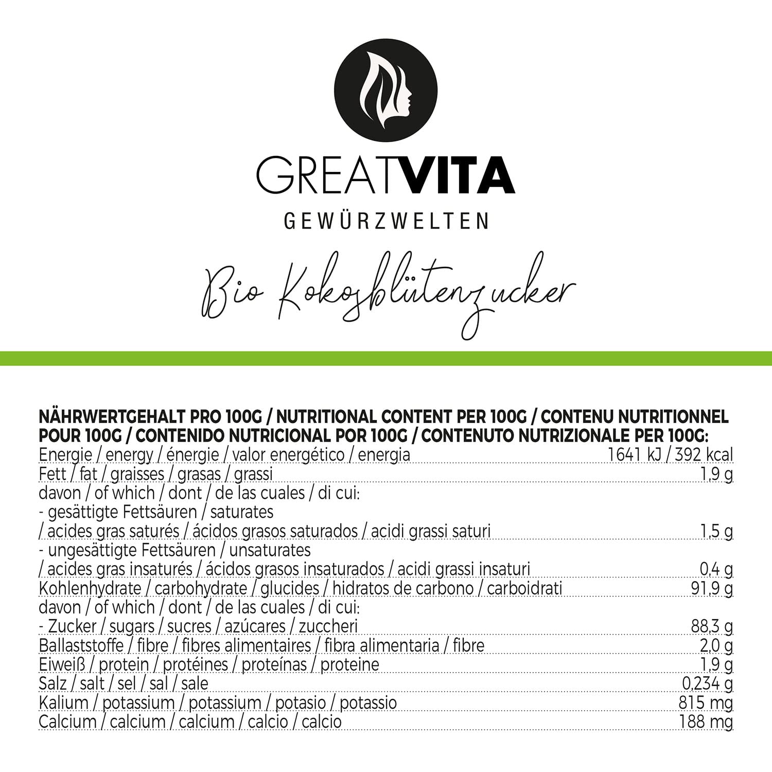 Mea Vita Sucre de fleur de coco biologique, non raffiné, paquet de 3 (3x 1000g) dans un sac