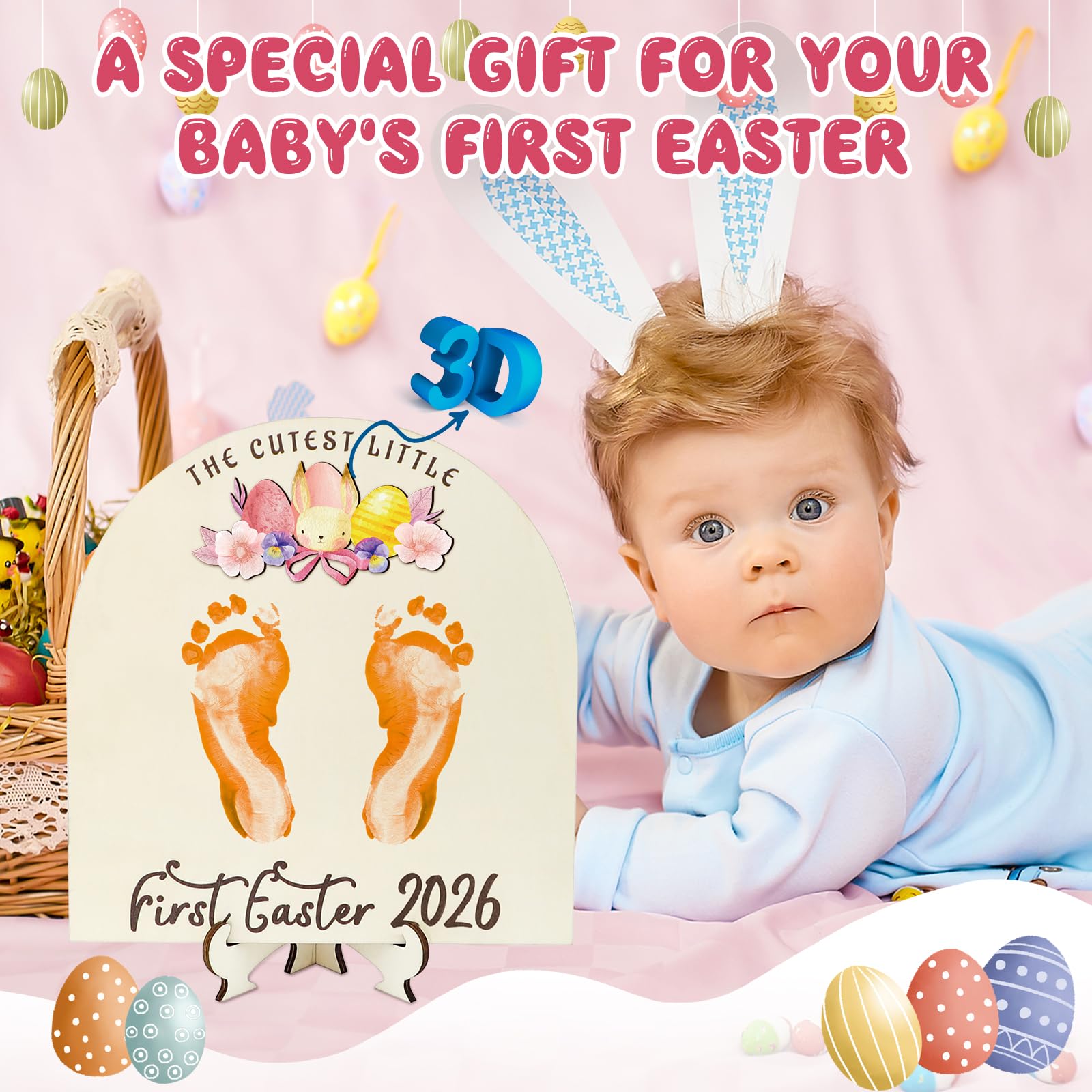 Panneau en bois à faire soi-même pour la première fois de Pâques de bébé, cadeaux de Pâques « My Baby 1st Easter Milestone Signs Have 3D Eggs Carotte Bunny Footprints », cadeaux décoratifs pour les