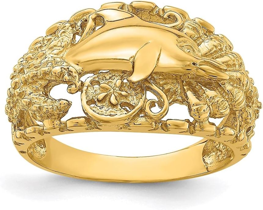 Diamond2Deal 14k Yellow Gold Dolphin and Sand Dollar Ring