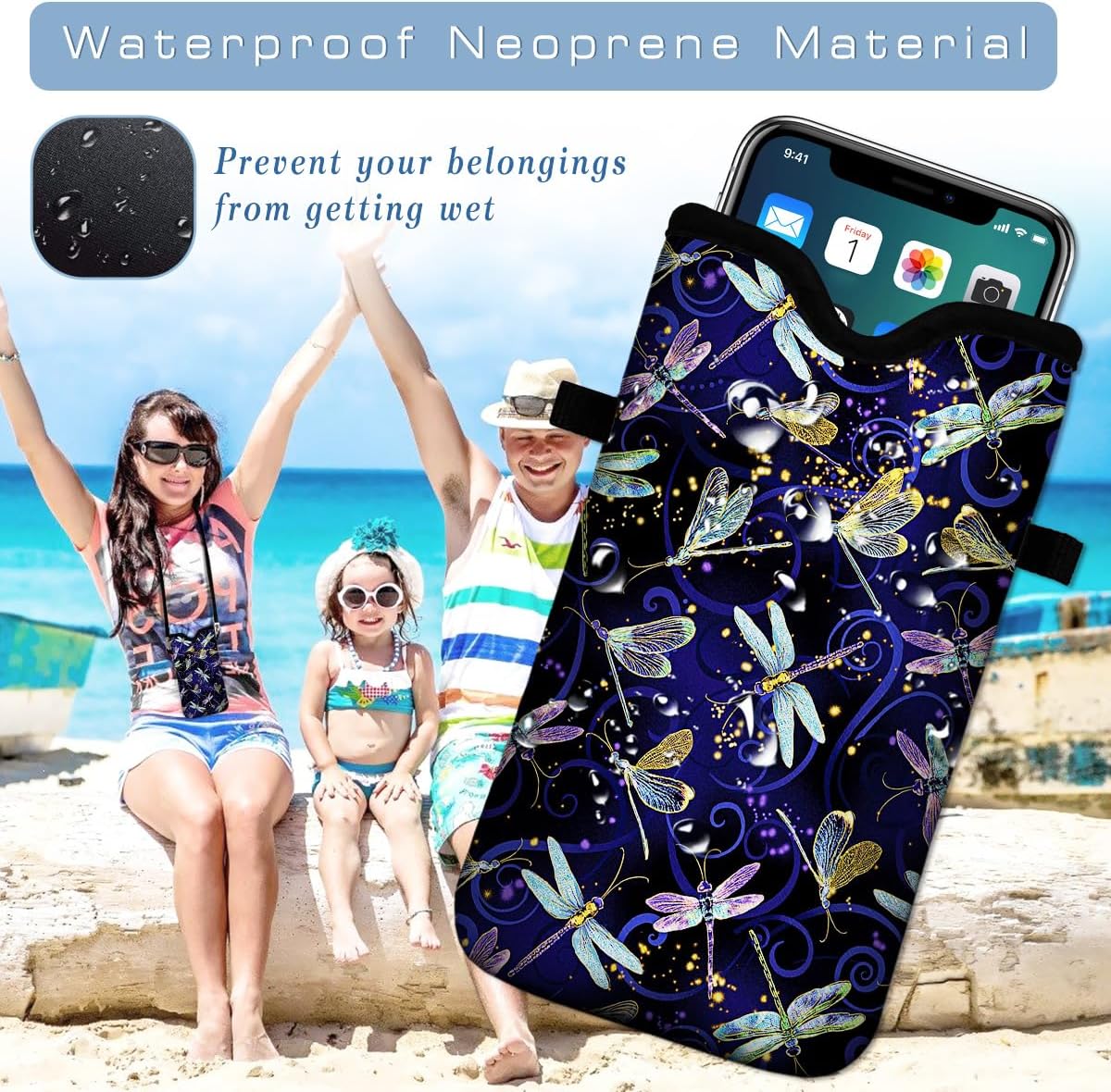 Universal Neoprene Cell Phone Pouch 7.1 X 4 in Mobile Protection Case Bag with Crossbody Strap/Neck Lanyard Dragonfly Printed Pattern - Image 6