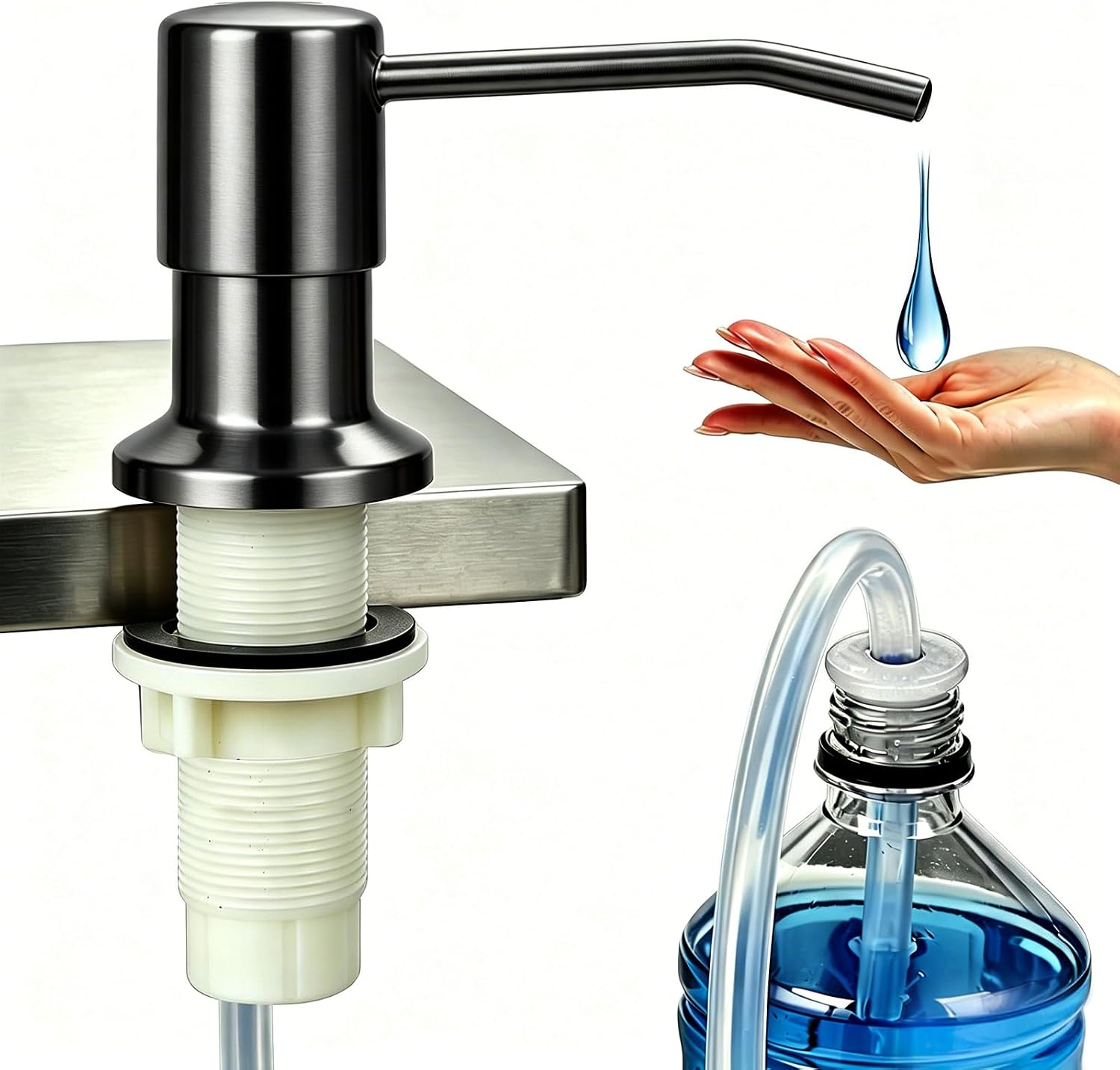 Soap Dispenser for Kitchen Sink, Built in Sink Soap Dispenser (Brushed Nickel), Countertop Soap Dispenser Pump with 47" Extension Tube kit, No Need to Fill Little Bottle Again (Wire Drawing)