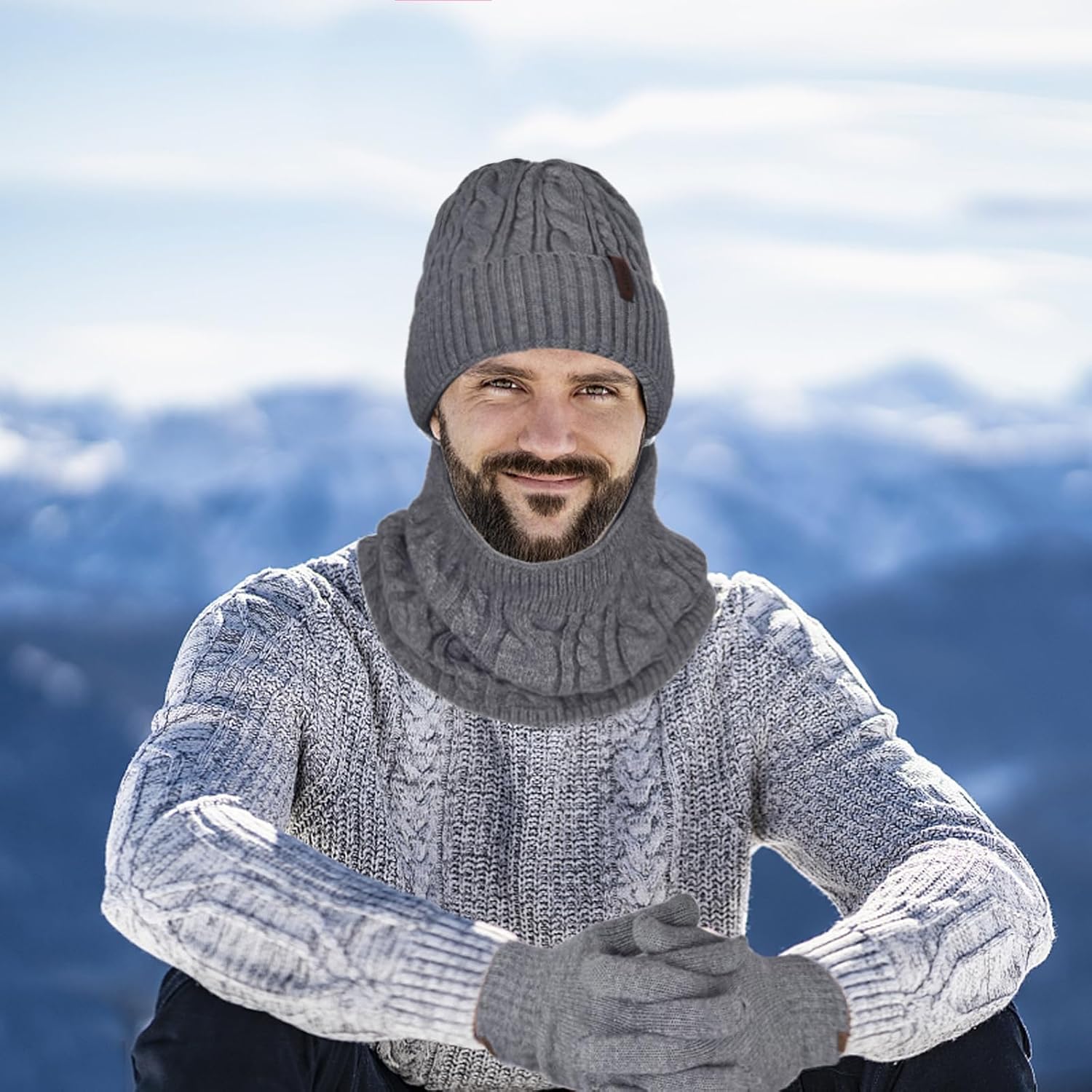 Men Winter Beanie Hat Touchscreen Gloves Scarf Set Warm Fleece Lined - Image 7