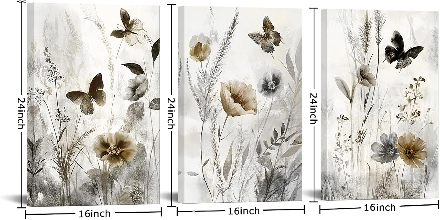 NutArtPic Botanical Canvas Wall Art Framed Wildflower Paintings Poppy Pictures Beige Artwork Minimalist Bedroom Bathroom Kitchen Wall Art(Beige Large)