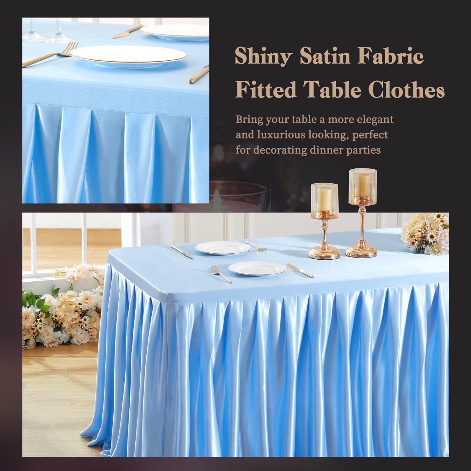 Wish Care Blue Satin Table Clothes for 6 Foot Rectangle Tables - 6FT Wrinkle Resistant Glitter Rectangle Tablecloths, Party Table Covers for Wedding Banquet, Baby Shower, Birthday, Holiday Dinner