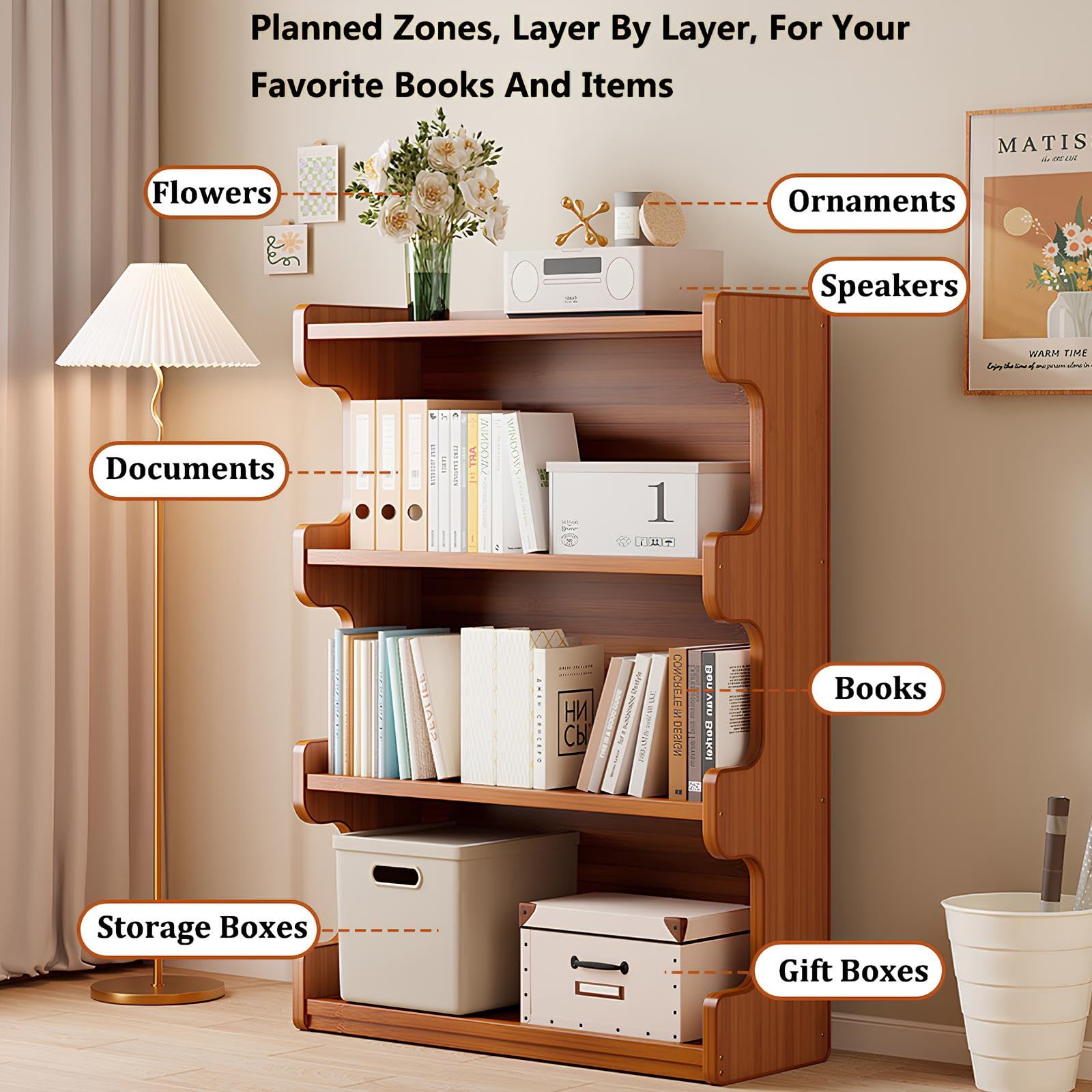 Estantería Abierta, Librería Bambú, Estantería Estrecha Muebles De Salón, Para Salón, Oficina, Estudio(60 * 27.5 * 40cm)