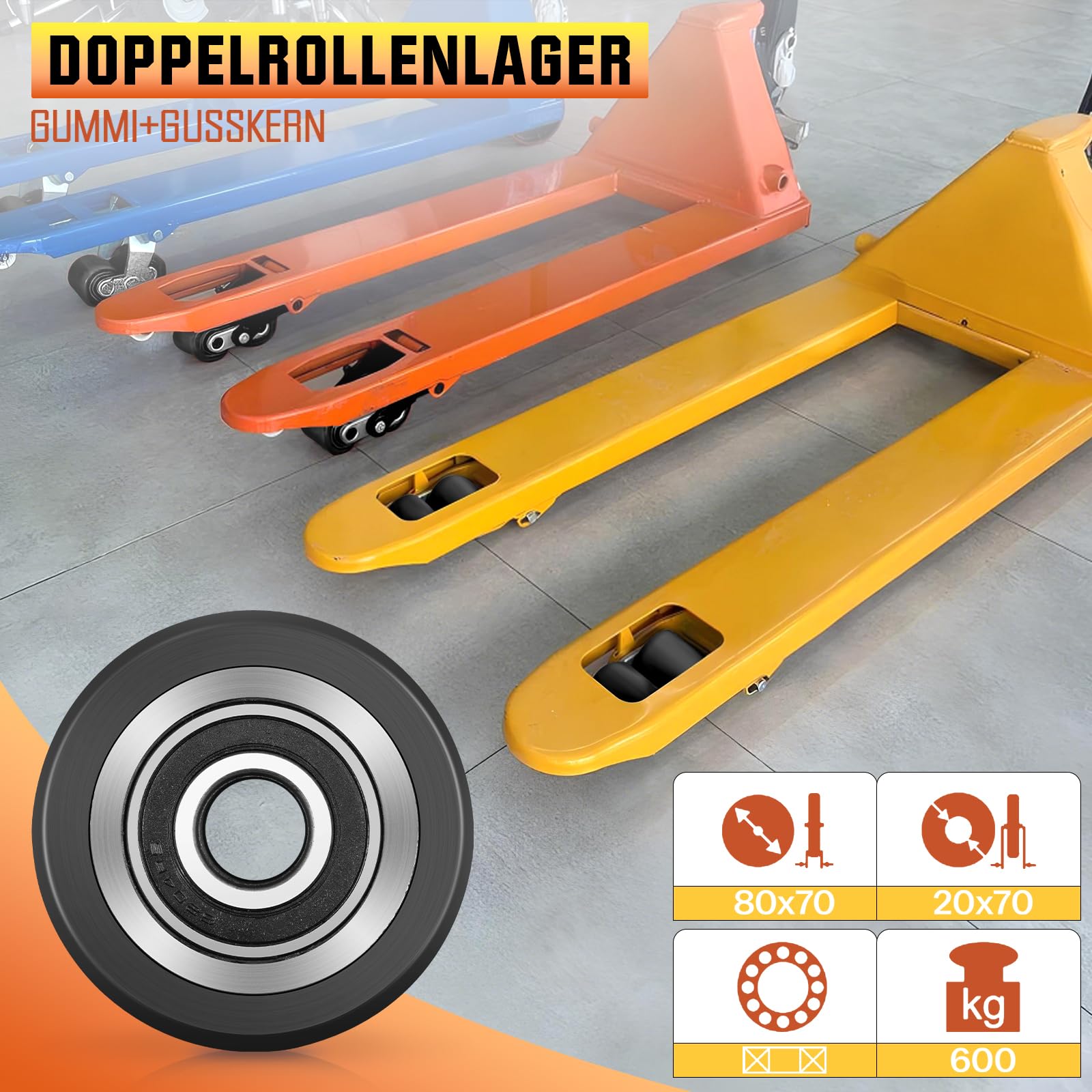 4 pieza Ruedas de Transpaleta, Ruedas de Goma 80 x 70 mm, con Rodamientos de Bolas | Eje de 20 mm | Diámetro de 80 mm | Ancho de 70 mm | Carga máxima 2400 kg
