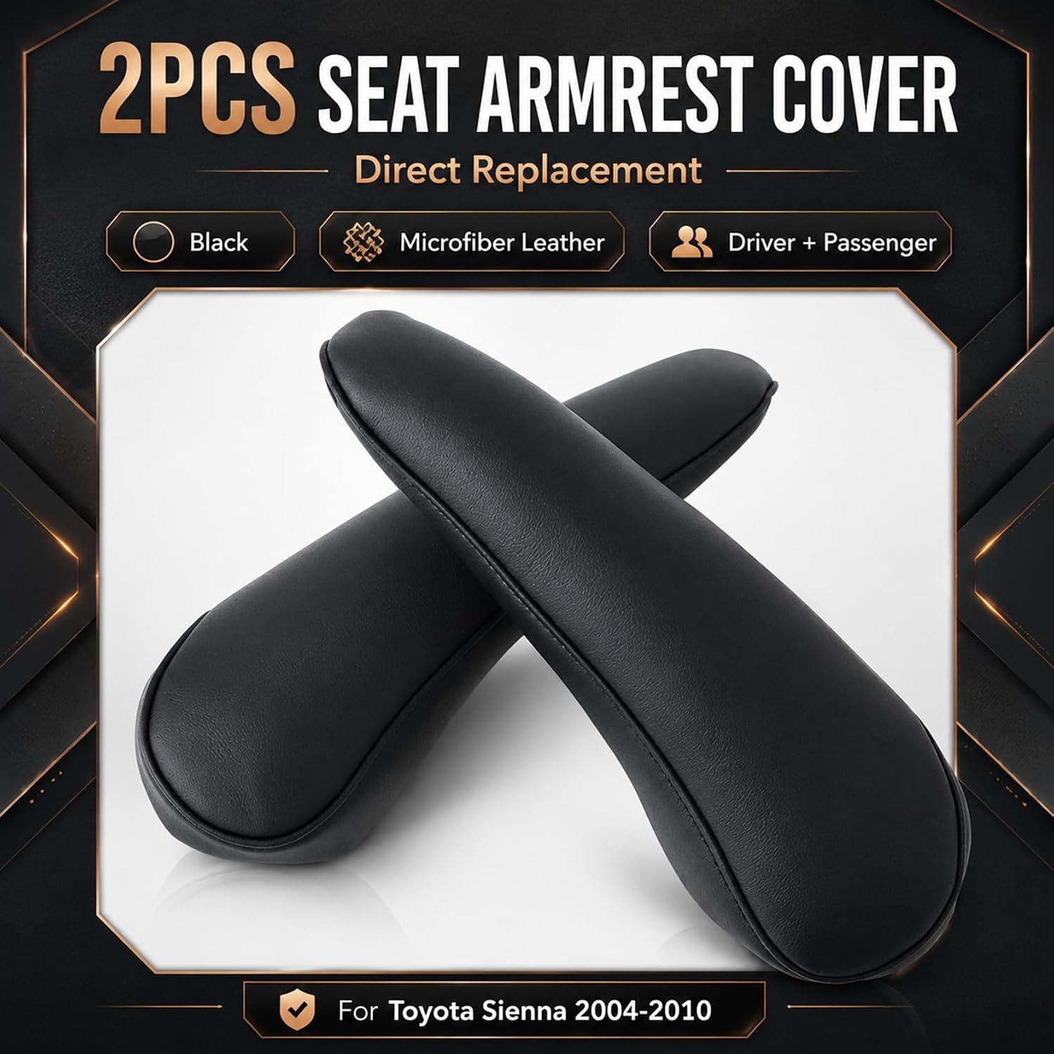 FZJDSD 2pcs Black Microfiber Leather Seat Armrest Covers Replacement Compatible with Toyota Sienna 2004-2010 Driver & Passenger Left Right Front Armrest Lid Cover Waterproof Easy Install