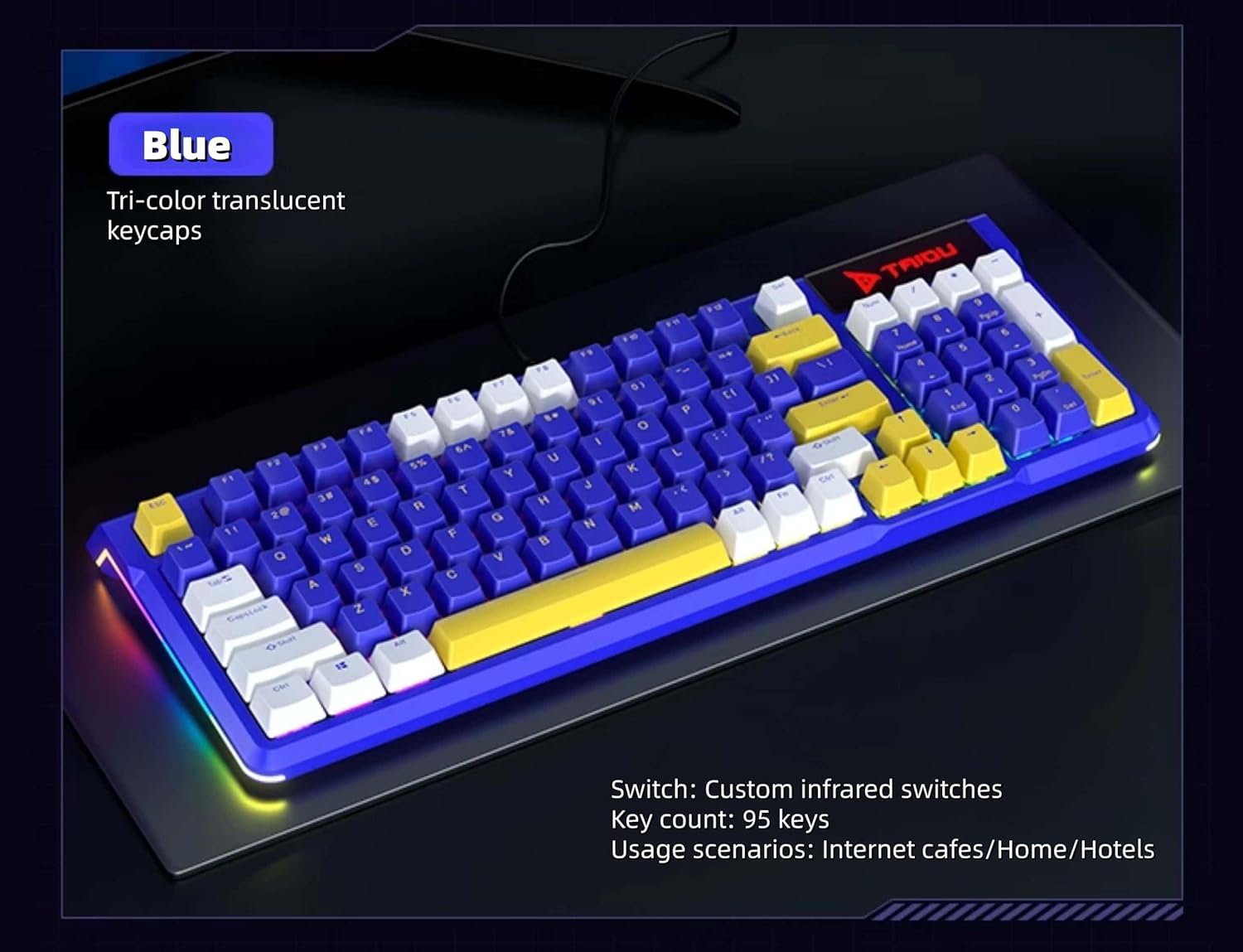 K950 RGB Mechanical Gaming Keyboard, Fade-Resistant, Gaming Switch,Blue, PBT Tri-Color Keycaps Keyboard 95-Key, Ergonomic, Adjustable Lighting Brightness and Speed, for Home/Internet Cafe