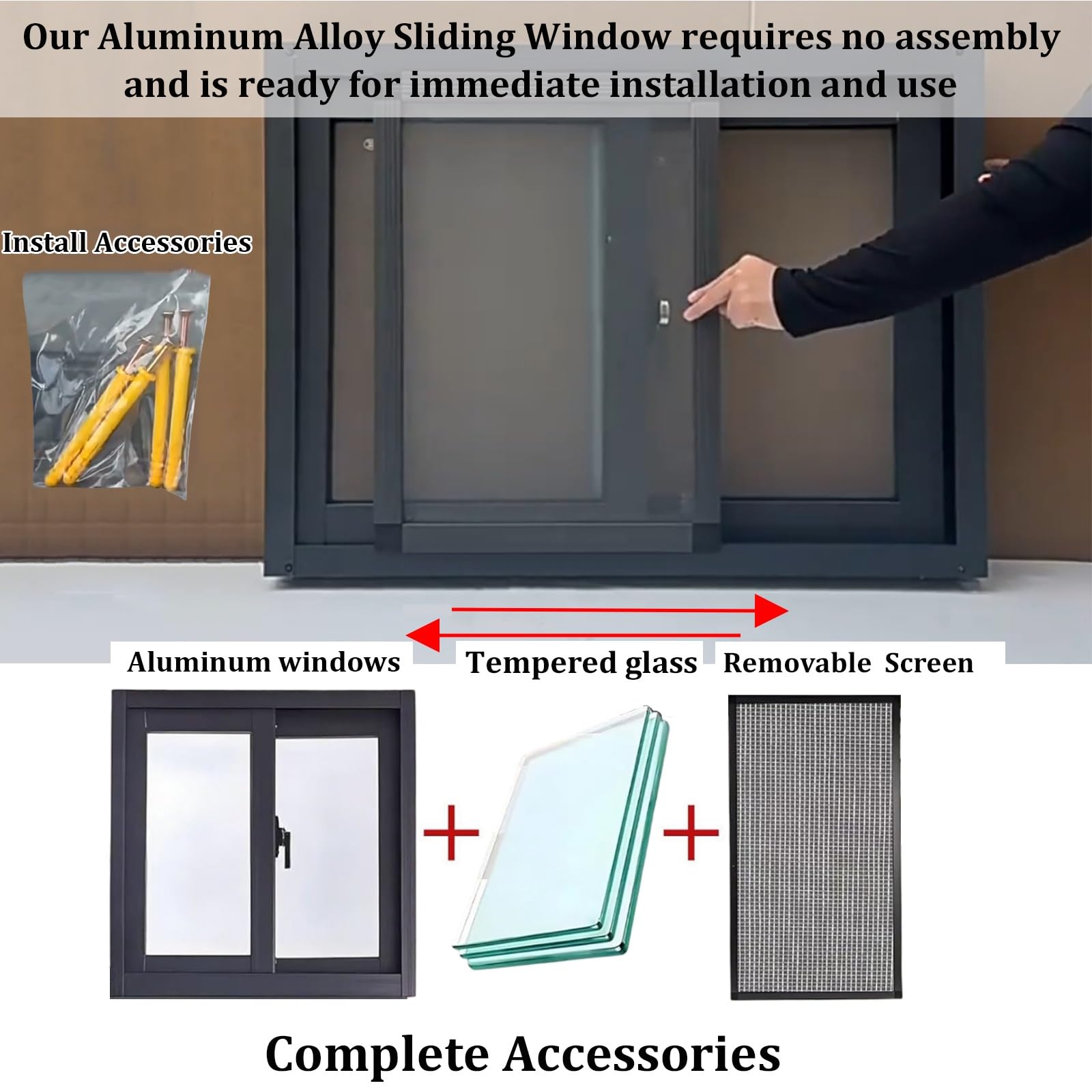 Poziome okno przesuwne ze stopu aluminium, z ekranem i szkłem hartowanym, nie wymaga montażu, idealne do piwnicy, łazienki, przyczepy kempingowej, kurnika, stodoły, garażu, 48 x 78 cm
