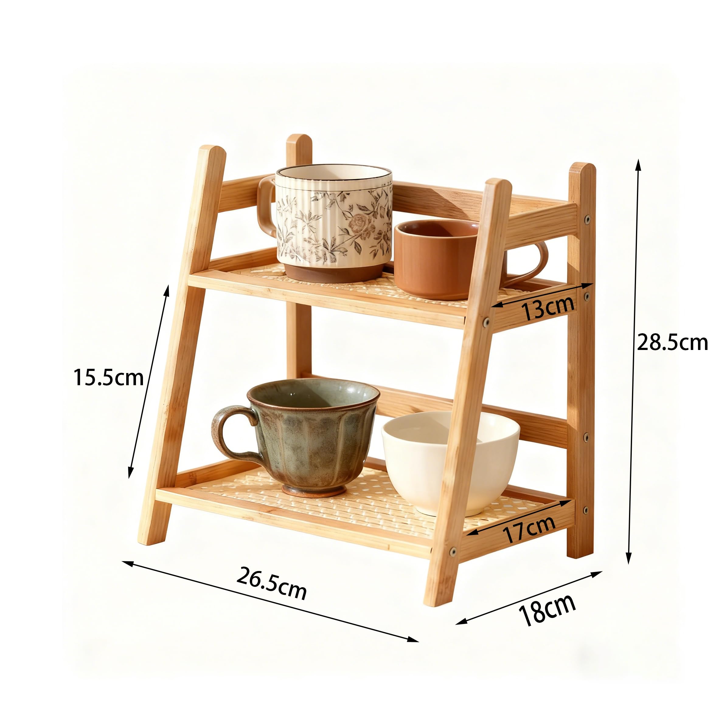 Wicker-Look 2-poziomowy stojak do przechowywania herbaty i kawy – stylowe kuchenne półki na szafki z naturalnego drewna, 26,5 x 18 x 28,5 cm, oszczędność miejsca, do domu i kawiarni
