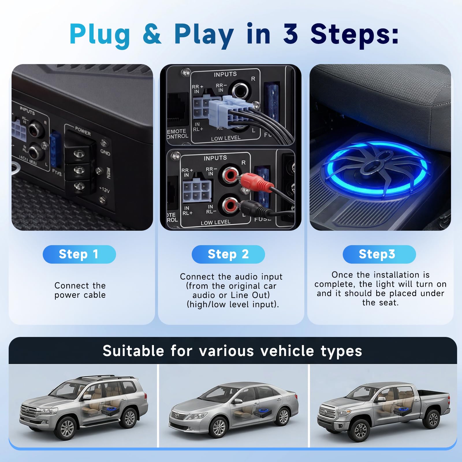 Hodozzy Caisson de Basse Voiture Fin sous, 1000W Subwoofer sous Le Siège de Voiture avec Amplificateur Audio Intégré, Caisson de Basse avec Entrée de Niveau Haut/Bas, Ambiance Bleu Couleur
