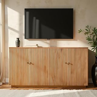 HULALA HOME 62.5" Fluted Buffet Sideboard Cabinet with Storage, Teak