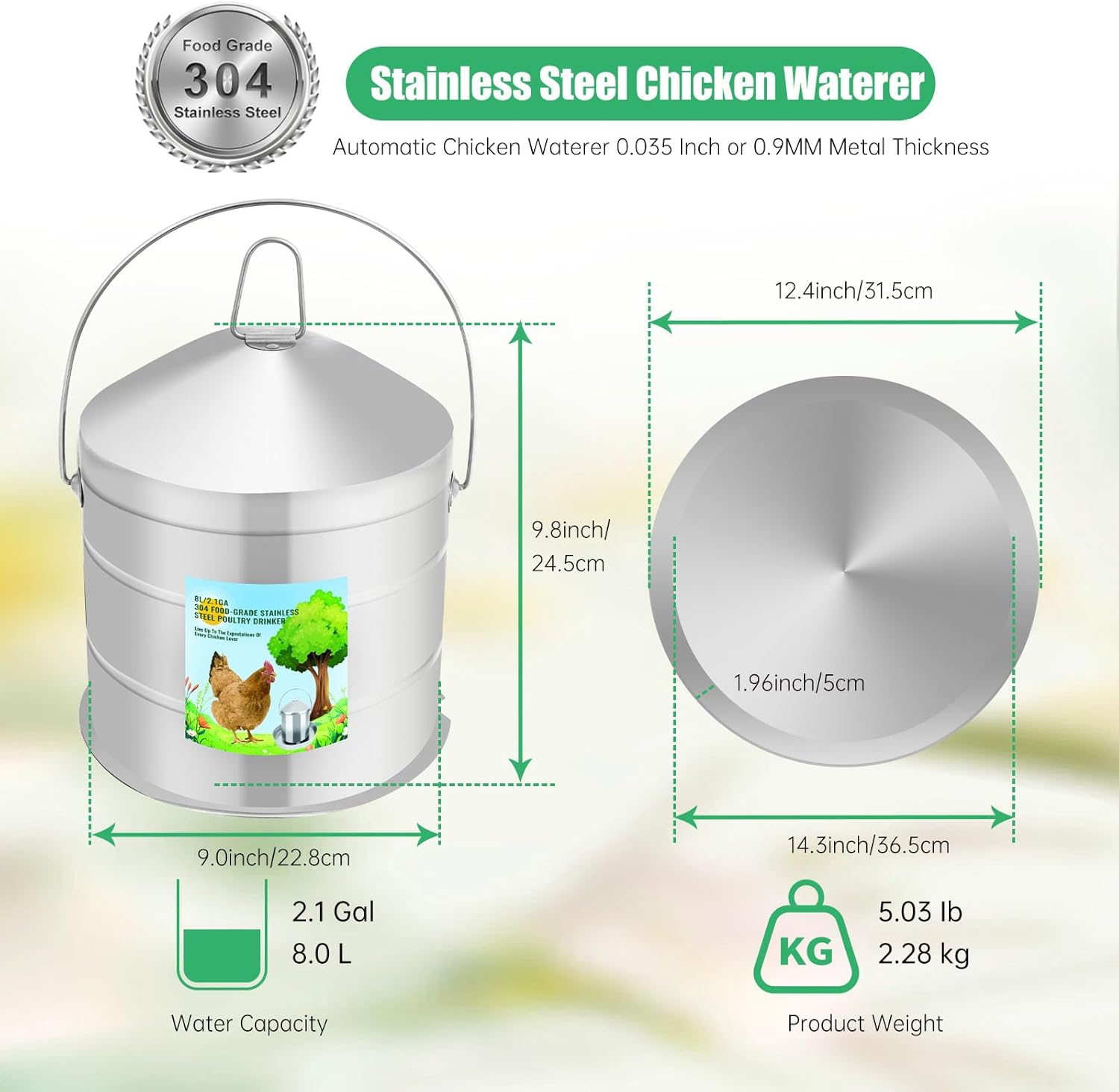 Automatic Chicken Waterer 8L/2.1Gal, 304 Food Grade Stainless Steel Heavy Duty Reliable Long-Lasting Poultry Waterer with Handle, High Strength Structure 0.035 Inch Metal Thickness, No Assemble