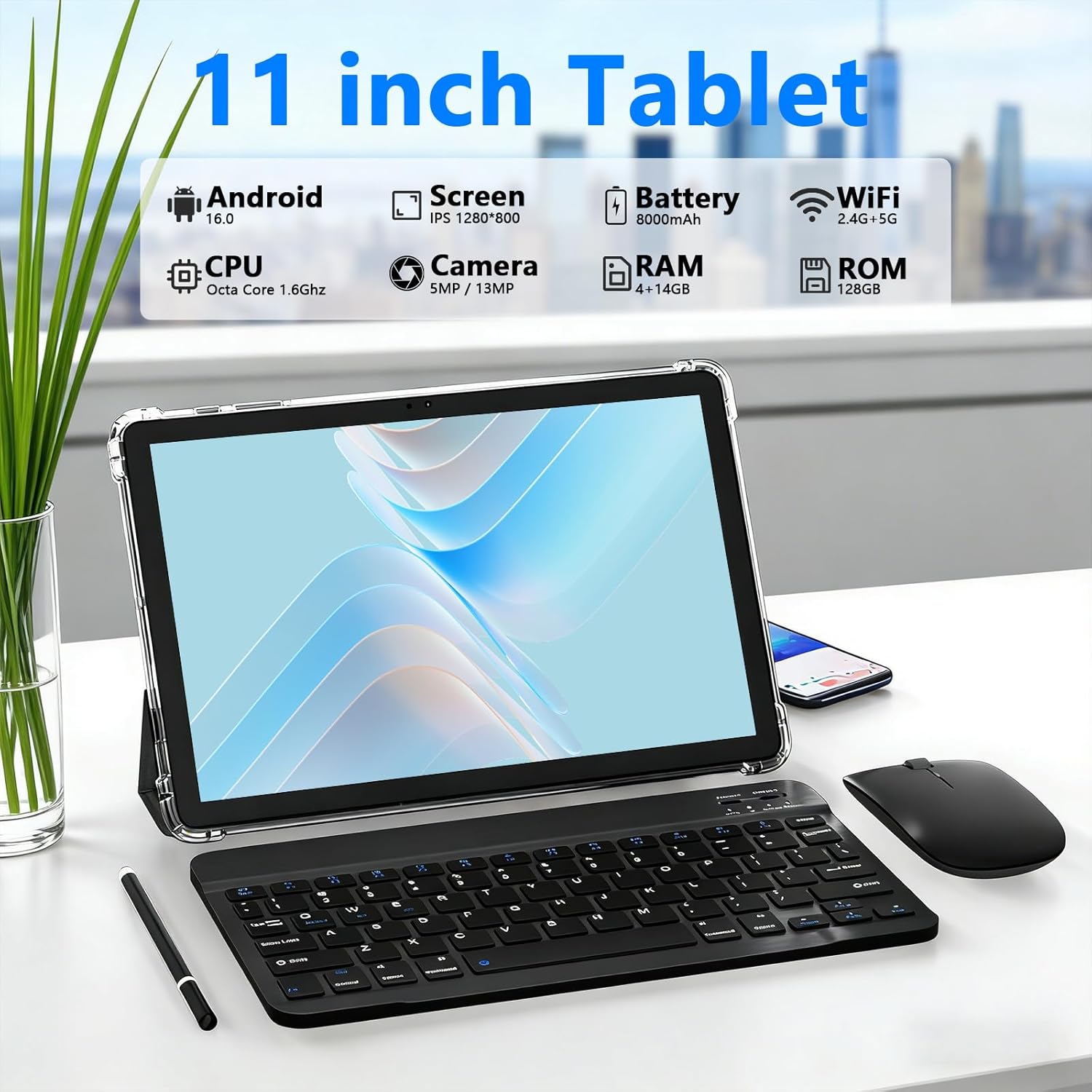Tablet 11inch Android 16 Octa-core Processor, RAM 20GB(4+14Expand)+ROM 128GB, 8000mAh, 5MP+13MP Dual Cameras (Black)