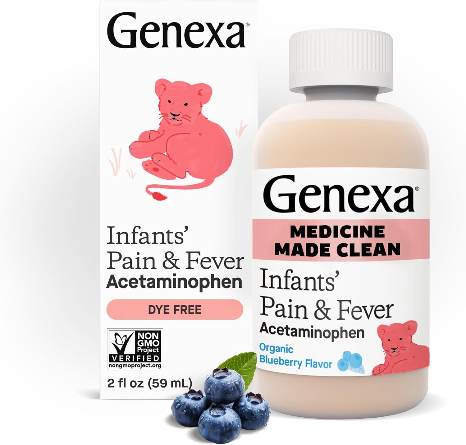 Genexa Infants’ Clean Pain & Fever Acetaminophen, Dye Free, 0% Artificial Additives, Delicious Organic Blueberry Flavor, Liquid Oral Suspension Medicine for Baby, 160 mg per 5mL, 2 fl oz Genexa Infants’ Clean Pain & Fever Acetaminophen, Dye Free, 0% Artificial Additives, Delicious Organic Blueberry Flavor, Liquid Oral Suspension Medicine for Baby, 160 mg per 5mL, 2 fl oz