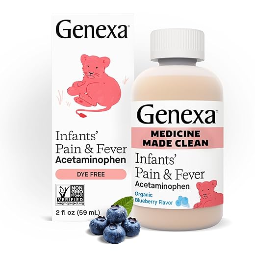 Genexa Infants' Clean Acetaminophen | Pain Reliever & Fever Reducer | Dye Free, 0% Artificial Additives | Baby Sick Essentials & Infant Medicine | Delicious Organic Blueberry Flavor, 2 fl oz