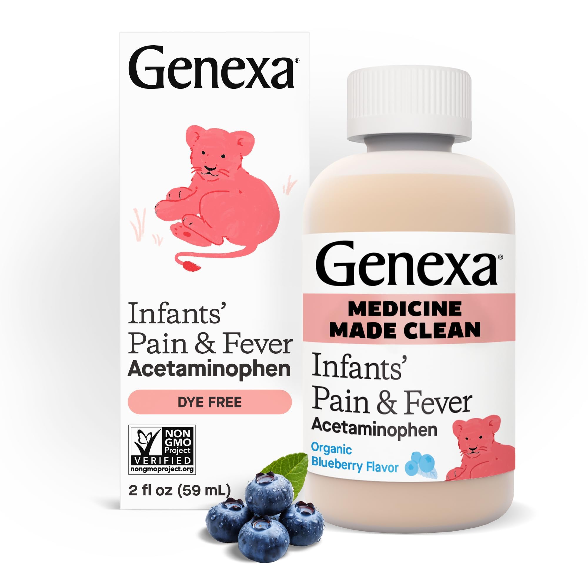 Genexa Infants' Clean Acetaminophen | Pediatrician Preferred Ingredients | Pain Reliever & Fever Reducer for Babies | Dye Free, 0% Artificial Additives | Delicious Organic Blueberry Flavor, 2 fl oz