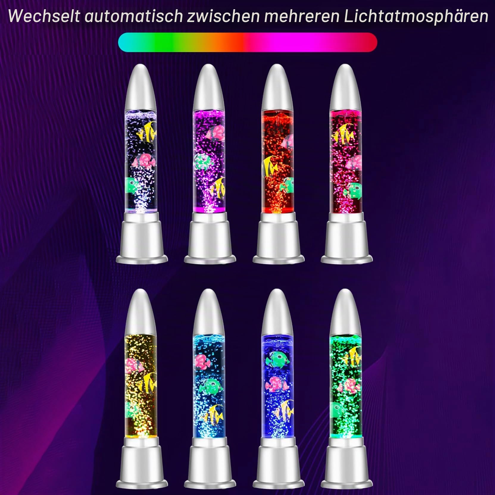 LED Stehleuchte mit Fischröhre mit 7 Farbwechsel-Lichteffekten und 3 künstlichen Fischen, Nachtlicht zum Stressabbau, sensorische beruhigende Lampe für Autismus und