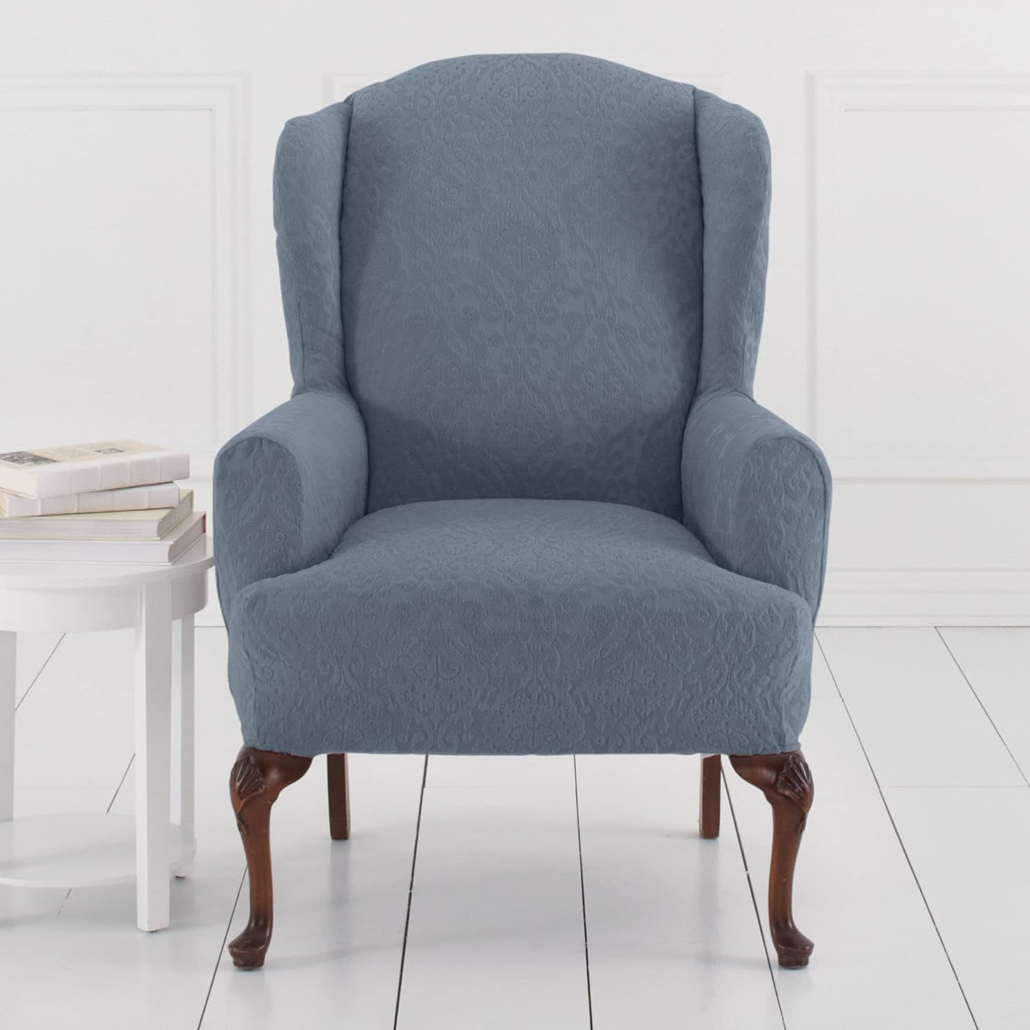 BrylaneHome Ikat Stretch Wing Chair Slipcover, Dusty Blue
