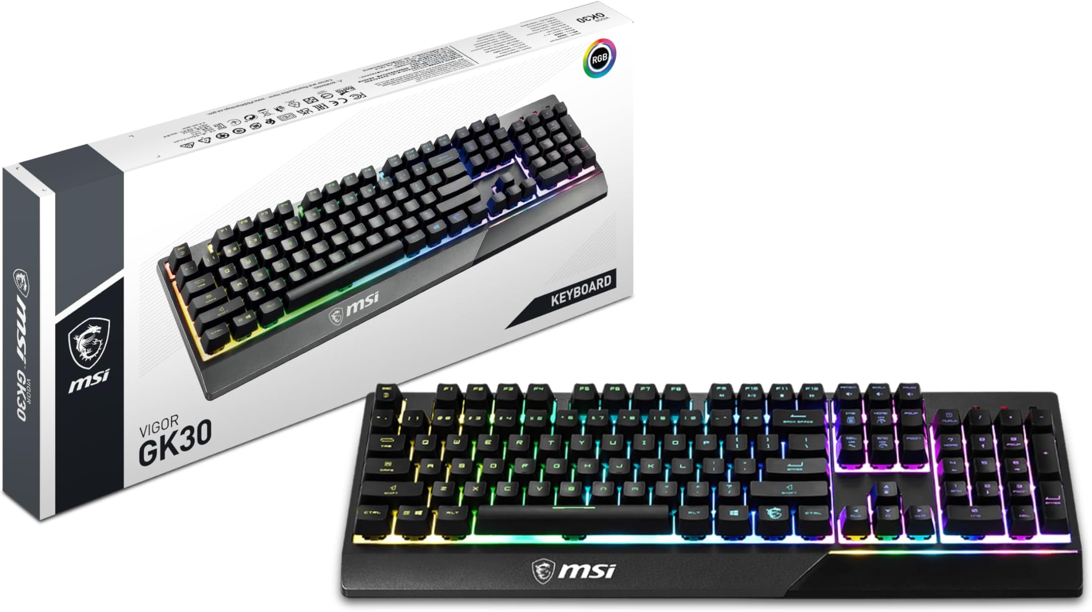 MSI Vigor GK30 RGB Gaming Keyboard, 6-Zone RGB Lighting, Water Repellent & Splash-Proof, Mechanical-Like Plunger Switches, Black