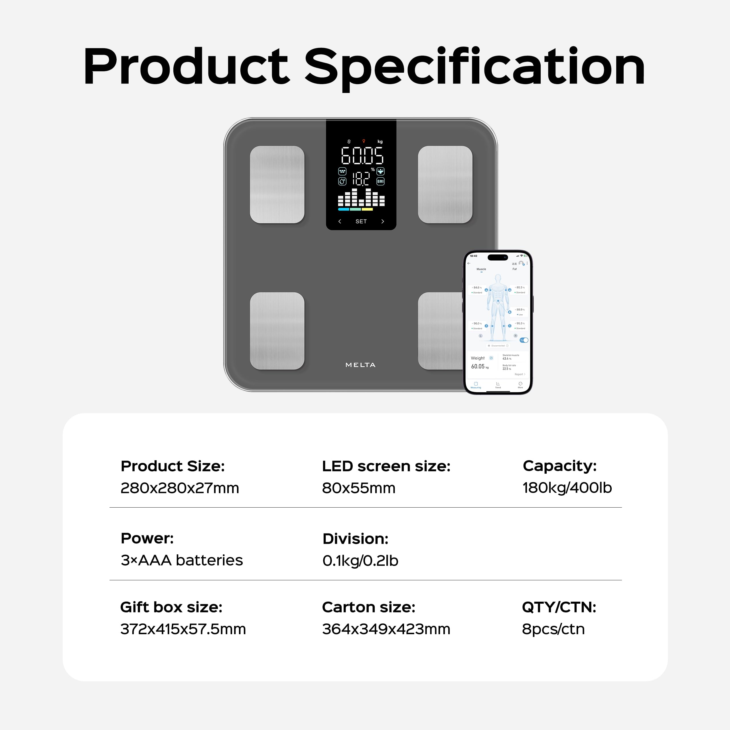 Pesa Persona Conectada MELTA. – Impedancia 15 Datos: IMC, Masa Grasa, Muscular, Visceral, Hueso – Bluetooth & Aplicación Gratuita – Sincronización Salud – Vidrio Templado – 180kg (GRIS)