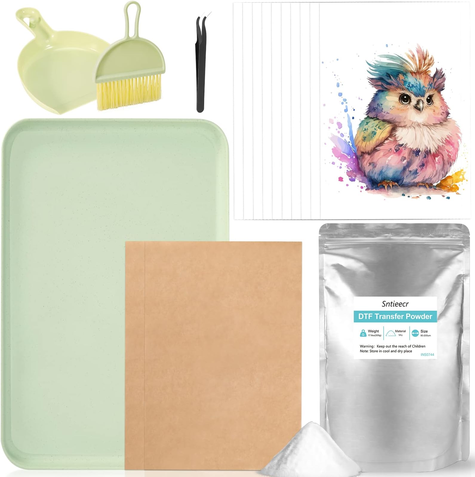 Sntieecr DTF Transfer Powder Film Kit for DTF Printer with 20 Sheets DTF Transfer Film, Powder Collection Tools and Tray, 17.6oz White Hot Melt Adhesive Direct to Film for T-Shirt Fabric