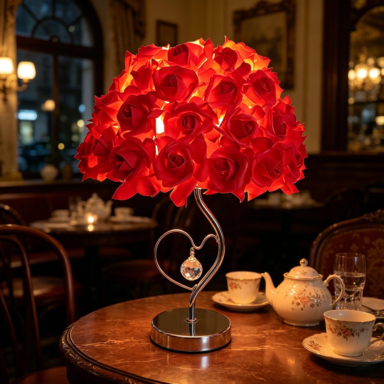 shulovehua Red Fabric Rose Desk Lamp LED Romantic Nightstand Light with Crystal Pendant USB Operated Modern Gold Table Lamp for Dressing Room Living Room Wedding Christmas Market Decor(12.6x16.93in)