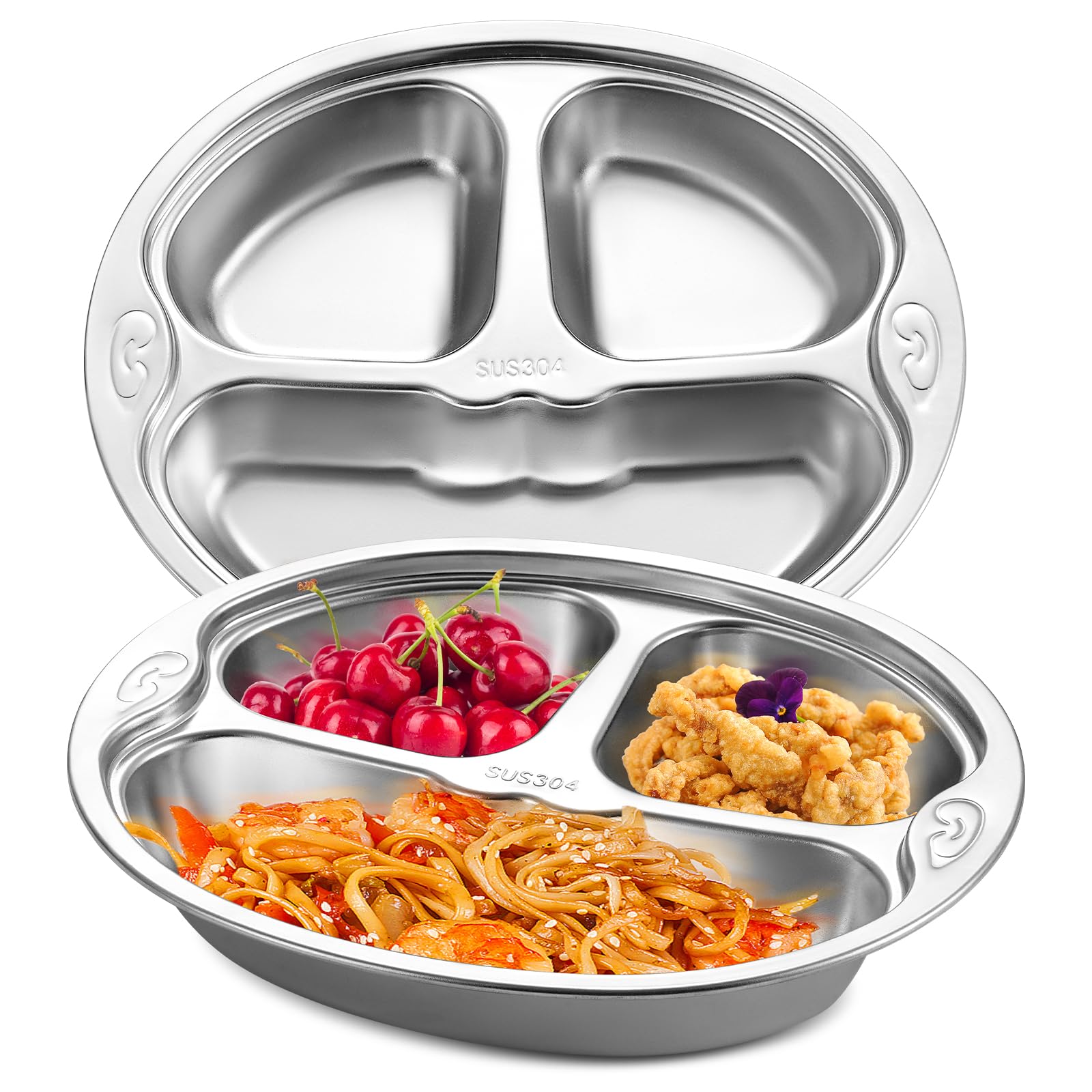 YLARMY Set of 2 Stainless Steel Divided Plate, 3 Sections Portion Control Dinner Plate, Cut Unbreakable Monkey Shape Compact Food Serving Tray for