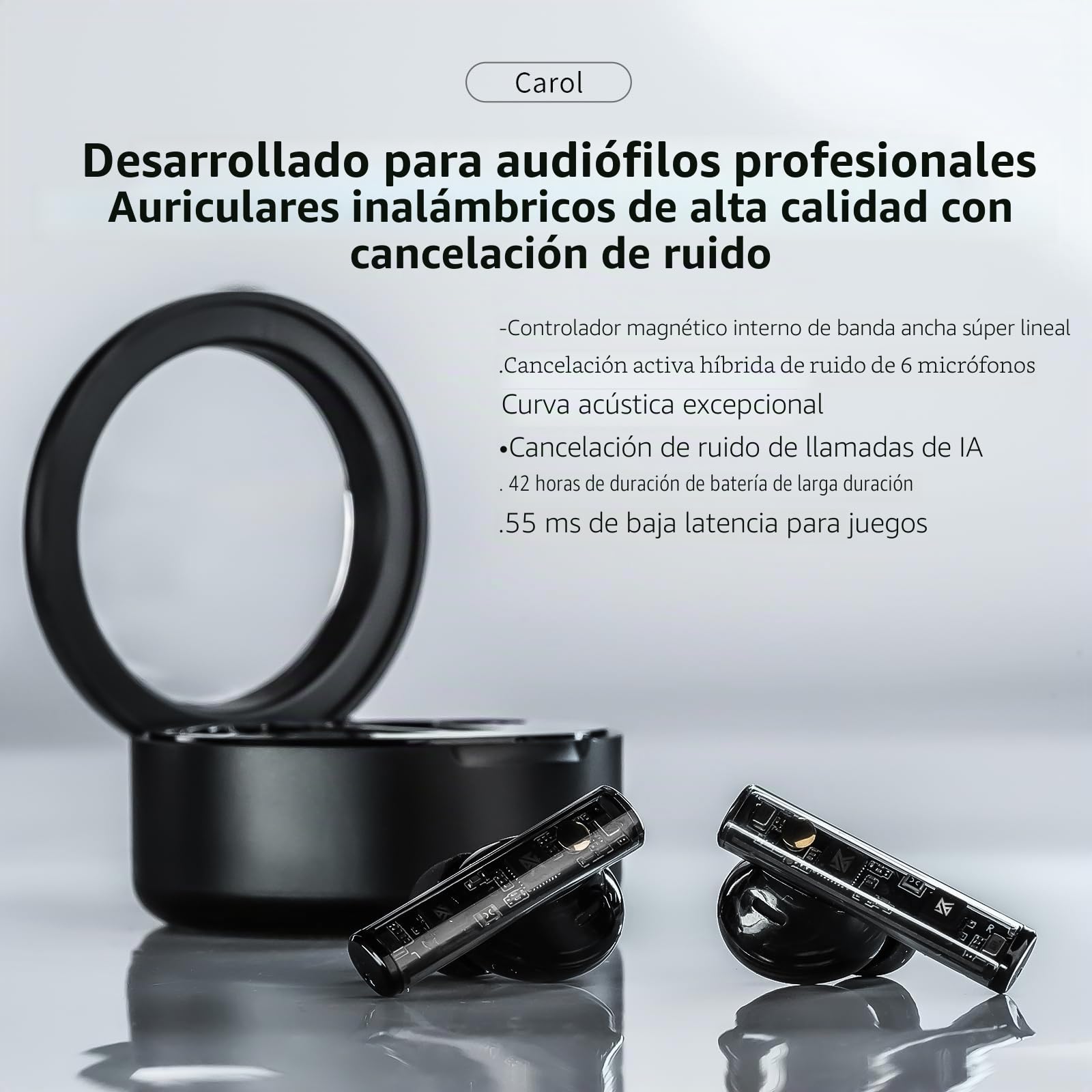 KZ Carol - Auriculares Bluetooth inalámbricos Bluetooth 5.4 HiFi estéreo, 35 horas de tiempo de reproducción, auriculares Bluetooth con ANC híbrido, LDAC Hi-Res Audio, 6 micrófonos, para trabajo y