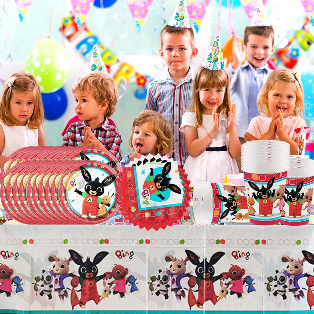 61 pezzi Set di stoviglie per feste a tema coniglietto, stoviglie per feste di compleanno per bambini, tovaglia, tazze, piatti, tovaglioli, set per 20 persone