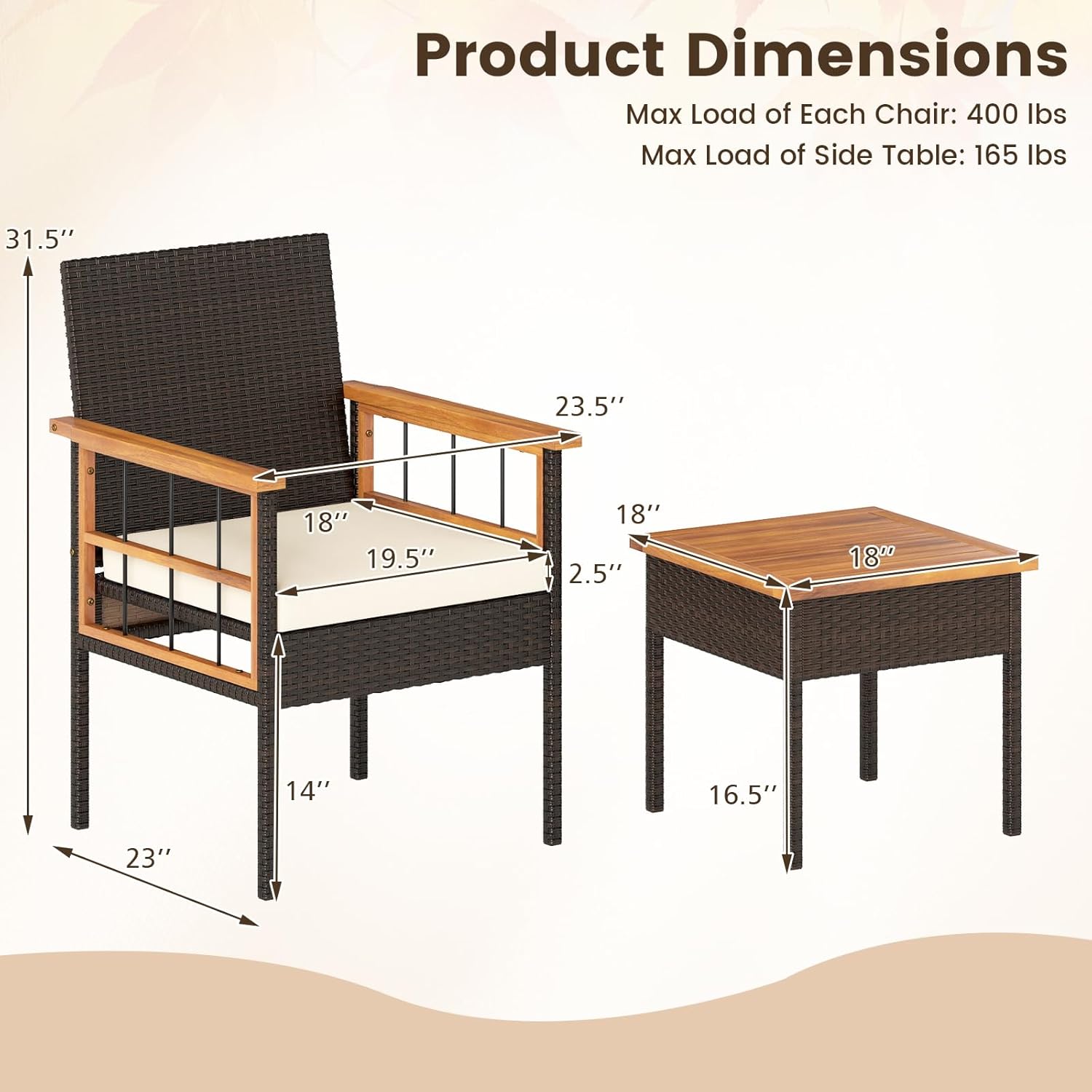 Tangkula 3 Piece Outdoor Wicker Conversation Furniture Set, Patio Rattan Cushioned Chair & Side Table Set with Acacia Wood Tabletop & Armrests, for Backyard, Porch, Balcony - Image 9