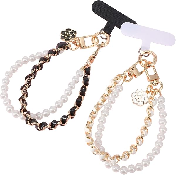 Molain 2 Pcs Beaded Pearls Phone Wrist Strap, Detachable Phone Charm Bracelet CellPhone Wristlet with Tether Tab Hands-Free Universal Cellphone Strap for Cell Phones - 1
