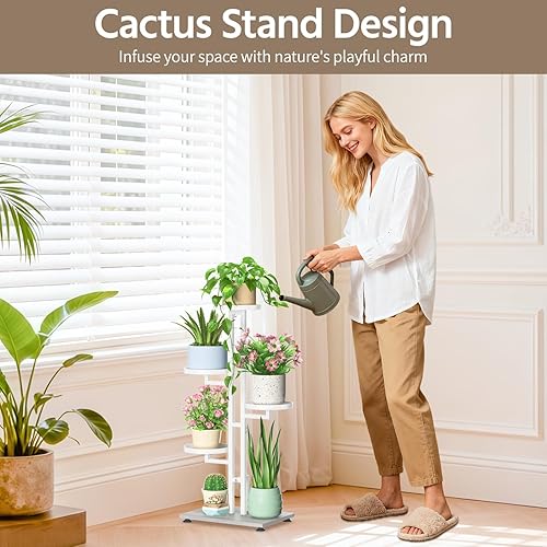 Miniatura 2 de LASZOLA Soporte de Plantas Blanco de 4 Niveles para Interiores, Resistente de Metal, Estante Multinivel Robusto para Flores, Escalera de Madera para