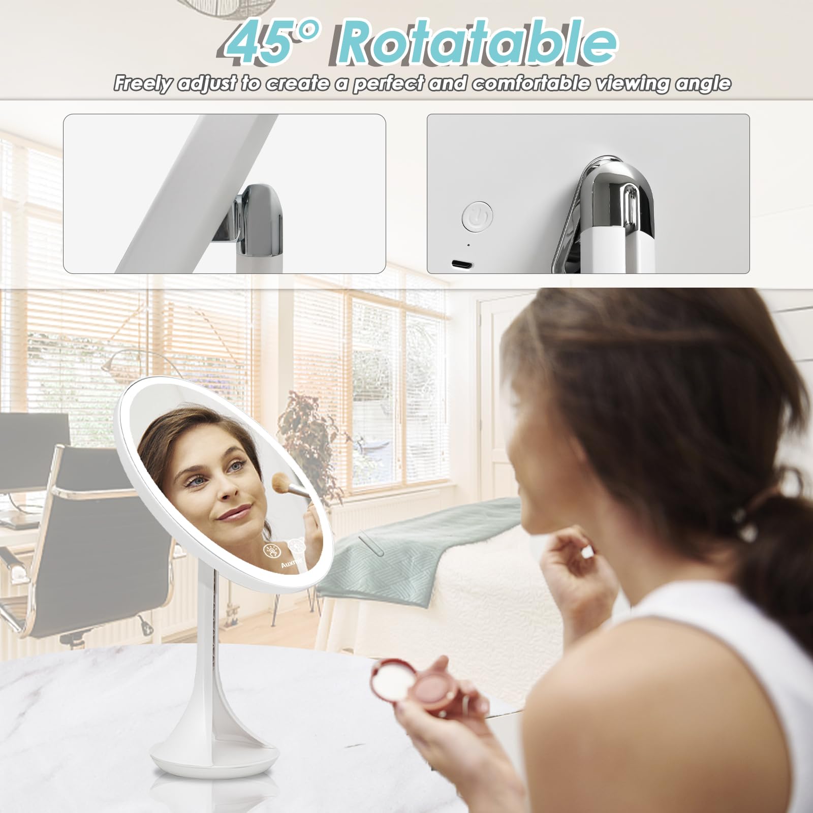 Auxmir Make-upspiegel met verlichting, LED Cosmeticaspiegel 1X/30X vergrotende spiegel met licht, tafelspiegel 360° draaibare spiegel