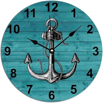 Rustic Shabby Wall Clocks Wood Grain Nautical Ocean Anchor Teal Wall Clock Beach House Decor Nautical PVC Wall Clocks Quality Quartz Battery Silent Clocks for Wall for Home 12x12in
