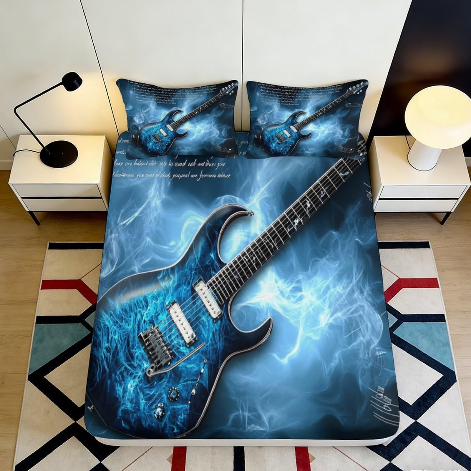 3D Printed Electric Guitar Fitted Sheet Microfiber Blue Lightning Bed Cover for Bedroom Dorm Mattress Decor 90x200x25cm