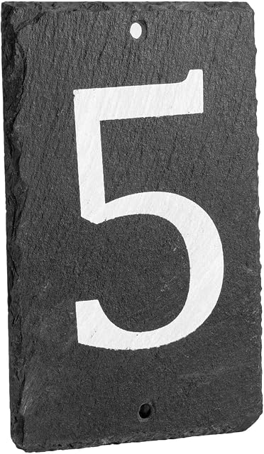 Nicola Spring Number 5-14.5 x 9cm Natural Solid Slate House Number Plaque (0-9) Indoor & Outdoor Rustic Door Numbers Sign Including Fixings & Caps