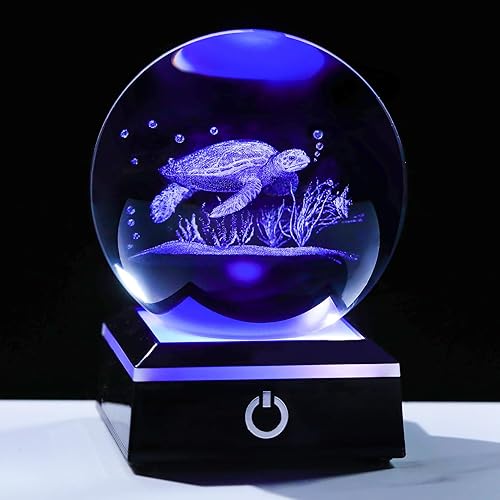 Enjinkail Bola de cristal 3D, tortuga marina, regalos para mujeres y hombres, adorno de globo de nieve con base LED, luz nocturna grabada con láser,