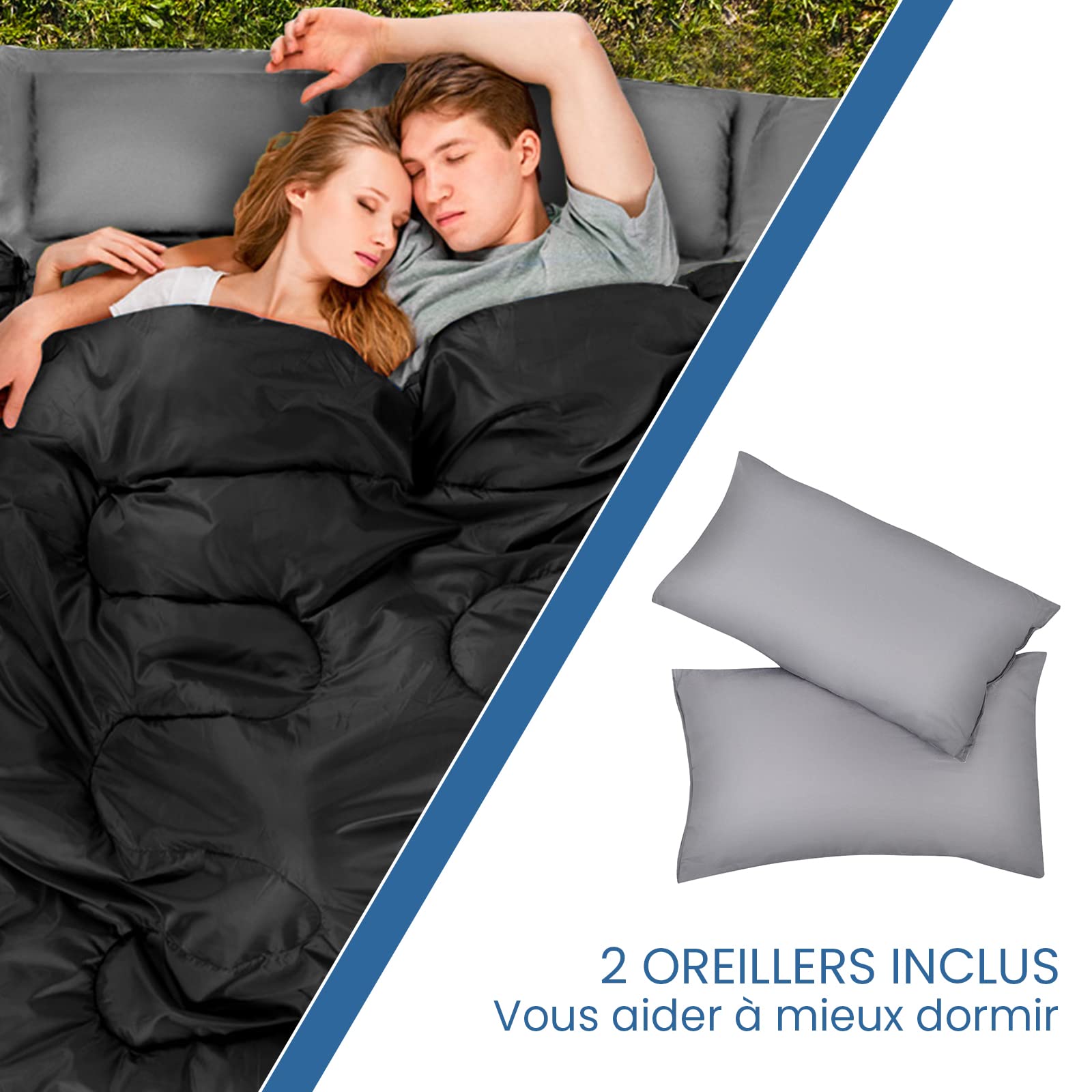 RELAX4LIFE Double Sac de Couchage avec 2 Oreillers et Sac de Transport, Détachable avec Fermetures Éclairspour 2 Personnes, Tapis de Sol Imperméable Convient pour Camping, Randonnée, Voyage