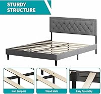 Vista 8 de BALUS Full Size Flat Bed Frame, Linen Fabric Upholstered Headboard with Button Tufted for Bedroom, Apartment, Modern Design, No Box Spring Needed