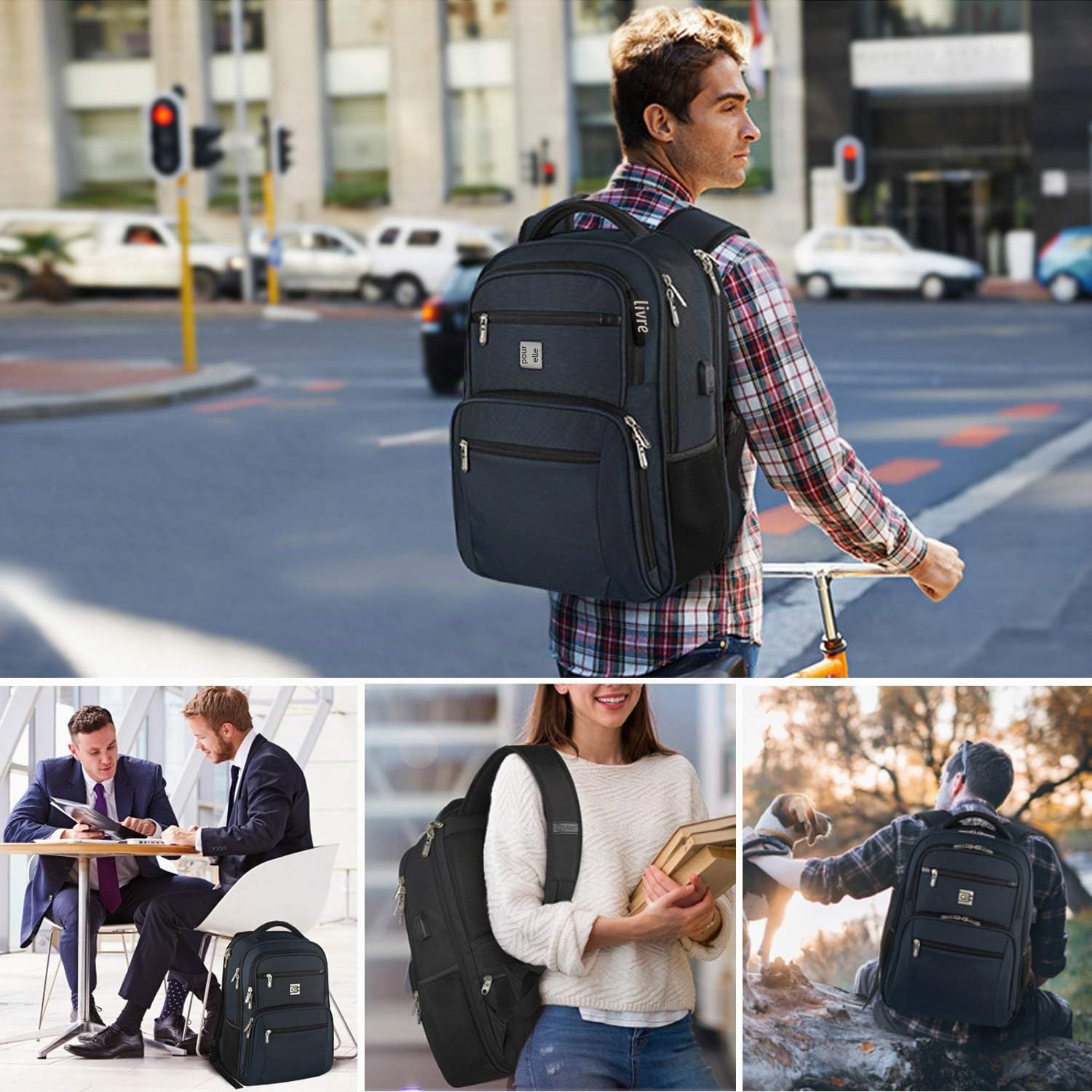 FANDARE Sac à Dos Ordinateur Portable 15.6 Pouces Homme Femme Imperméable avec USB Sac à Dos d'affaires Sac à Dos Fonctionnel Sac a Dos PC Portable pour Loisirs/Affaire/Scolaire Polyester Nouveau Noir