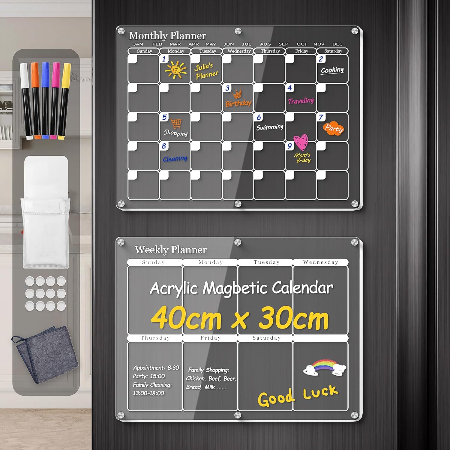 IDEATECH Acrylic Calendar Fridge Clear 2 Set, Monthly and