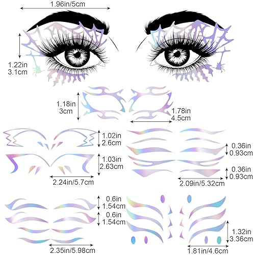 Miniatura 7 de ANCIRS Paquete de 6 calcomanías holográficas para maquillaje de ojos, tatuaje de cara de cristal temporal, calcomanías de cejas para Halloween,