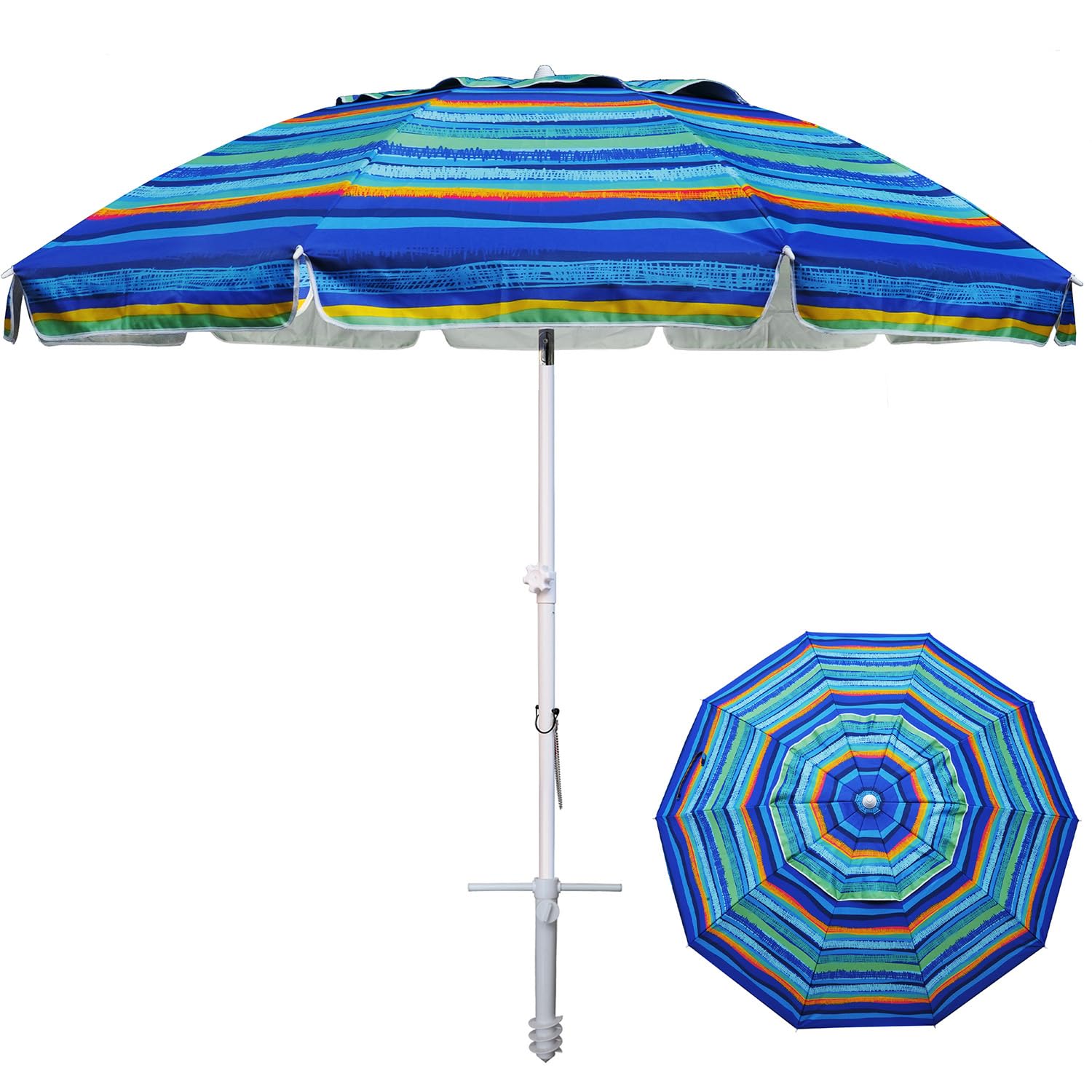 AMMSUN 8 Feet Large Beach Umbrella with Sand Anchor Heavy Duty High Wind Portable Outdoor Umbrellas UV 50+ Protection Air Vent Tilt Patio Garden Pool