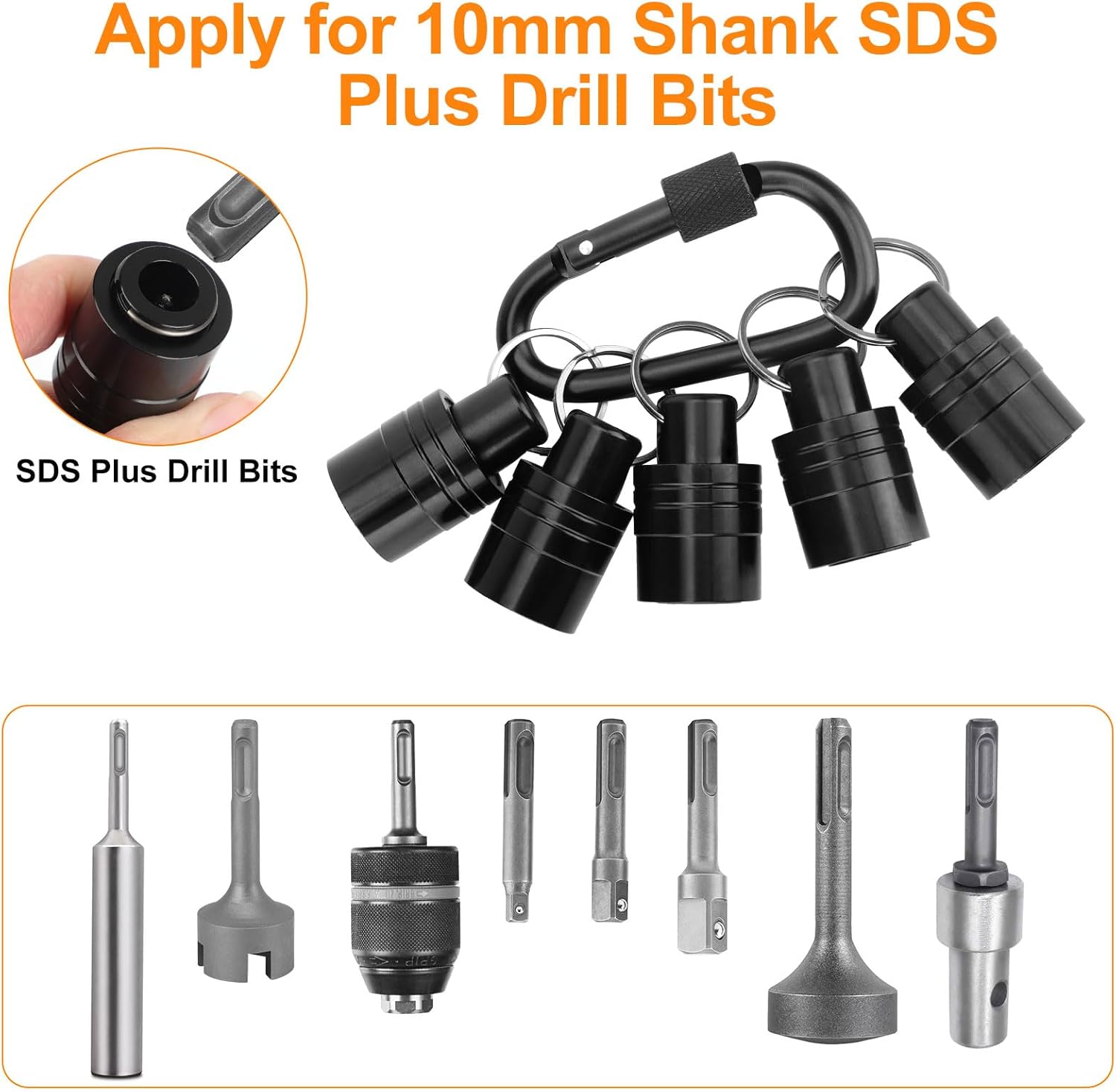 SUNJOYCO 5PCS SDS Plus Drill Bit Holder Keychain, 3/8in Quick Change Screwdriver Bits Holder Extension Bar with Black Carabiner