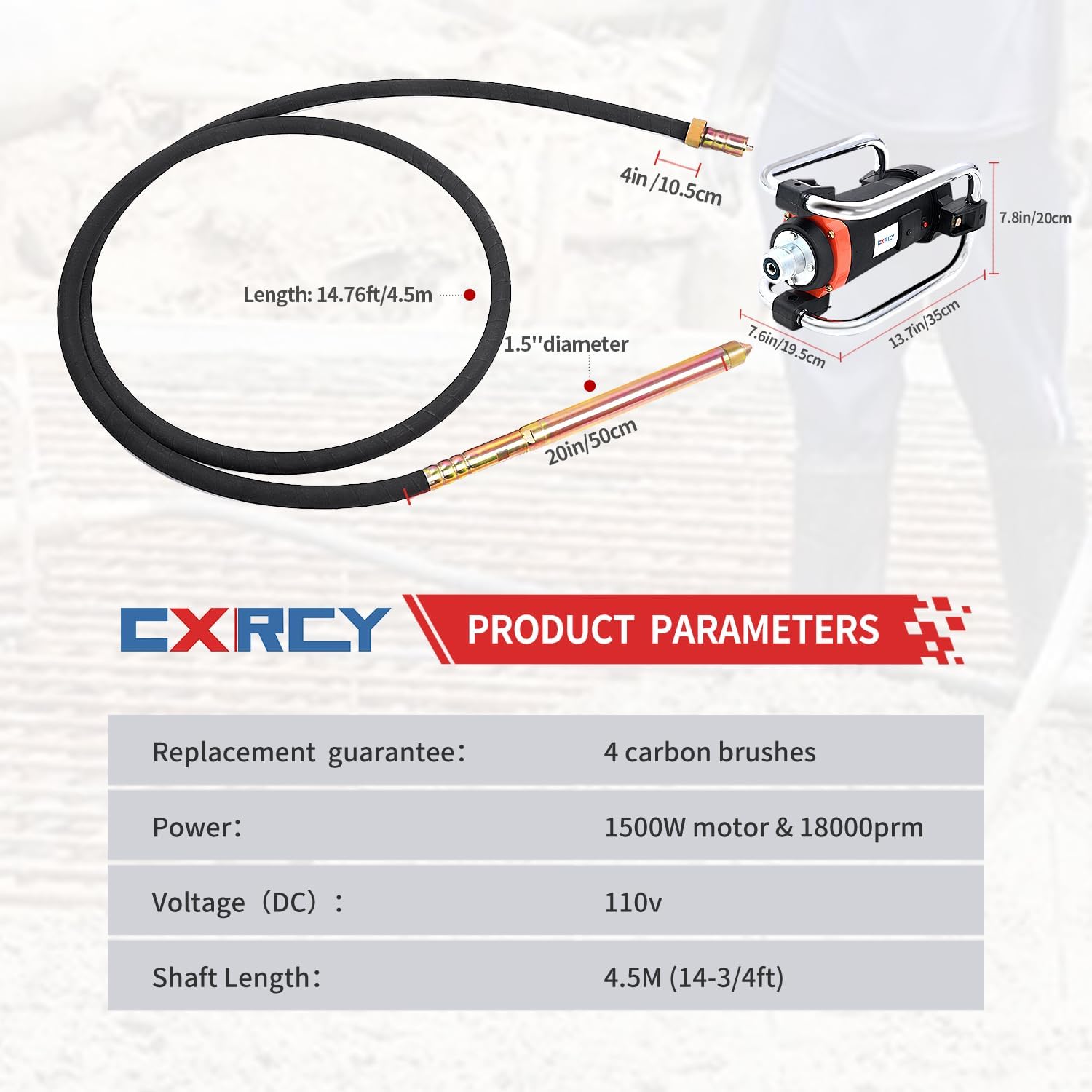CXRCY Concrete Vibrator 1500W 2HP 18000RPM Powerful Copper Motor, 4.5M (14-3/4ft) Long Flexible Shaft, Electric Concrete Vibrator Handheld for Removing Air Bubbles & Smoothing